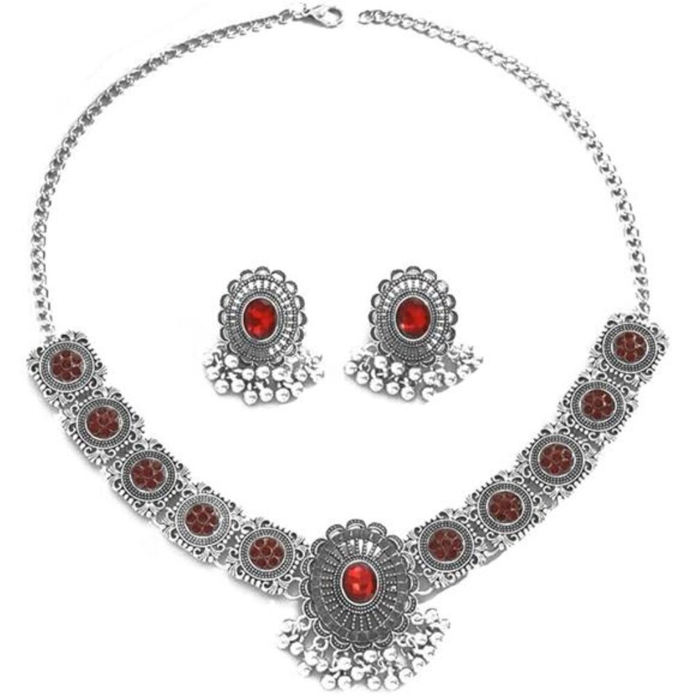 Vintage Red Austrian Crystal Kundan Necklace Earrings Jewelry Set for Women